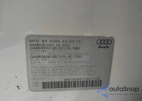 2012 Audi Q5 3.2 Premium Plus z USA, uszkodzony, nr VIN WA1DKAFP1CA011782